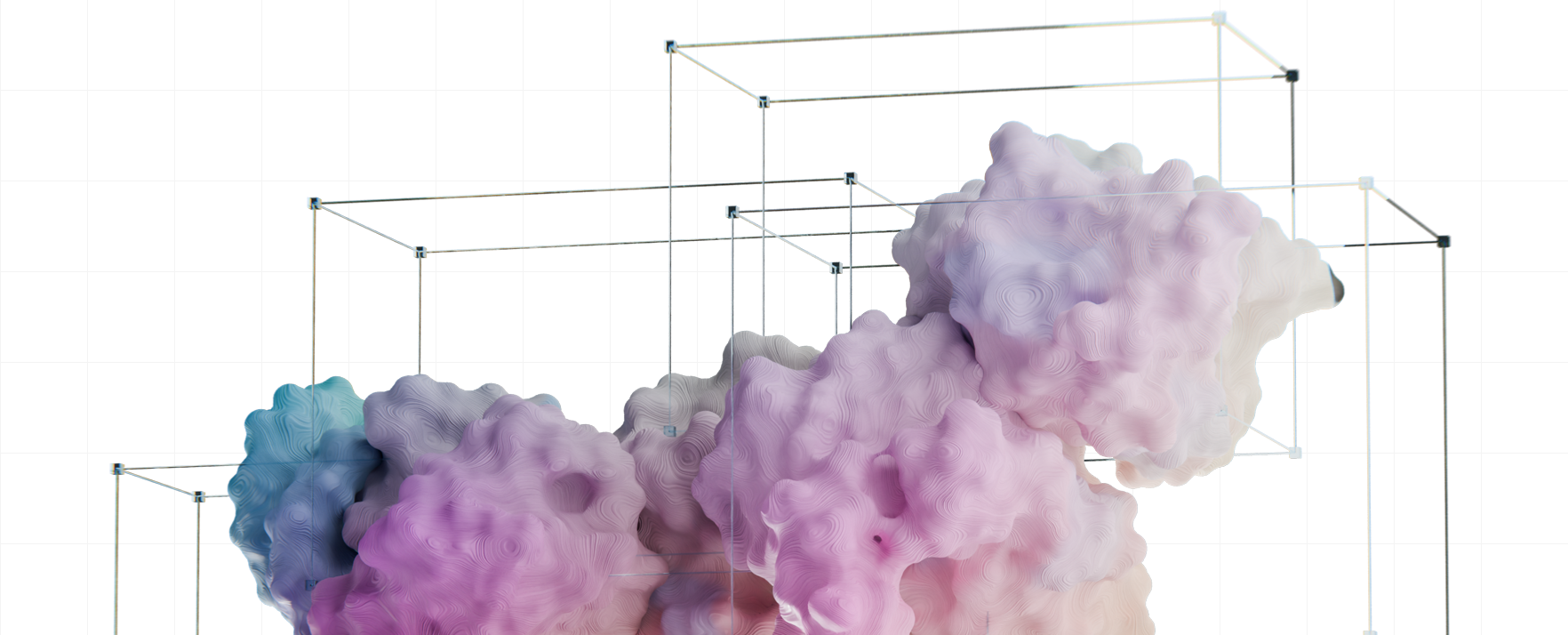 Protein structures inside wireframe cubes — a visual reference for Onava's bispecific antibody discovery platform.